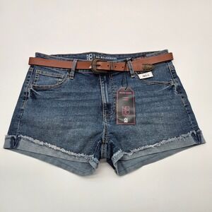 No Boundaries Belted Denim Shorts Distressed Frayed Hem MD Wash Size 15